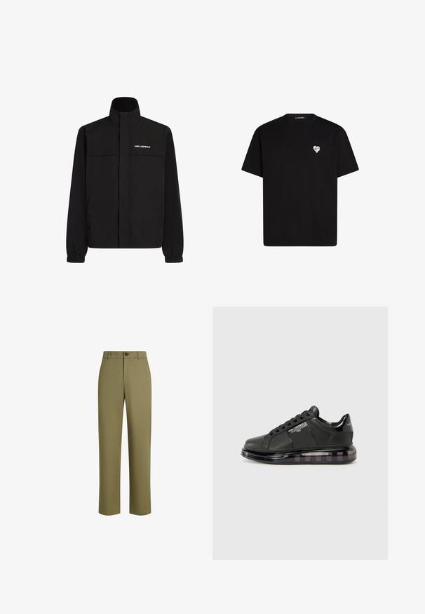 Crna jakna s visokim ovratnikom, elastičnim manžetama i dva prednja džepa. Sadrži logo na gornjoj lijevoj strani u bijeloj boji. Glatka, vodootporna tkanina.; Crna pamučna majica s kratkim rukavima, okruglim izrezom i malim bijelim grafičkim srcem na lijevoj strani prsnog dijela.; Maslinaste hlače od glatke tkanine, sa ravnim krojem, jednim dugmetom za zatvaranje i suptilnom teksturom.; Crna sportska cipela s glatkom kožnom gornjom dijelu, zaobljenim vrhom i vezanjem. Sadrži prozirnu, ublaženu potplat s tamnim degradéom.