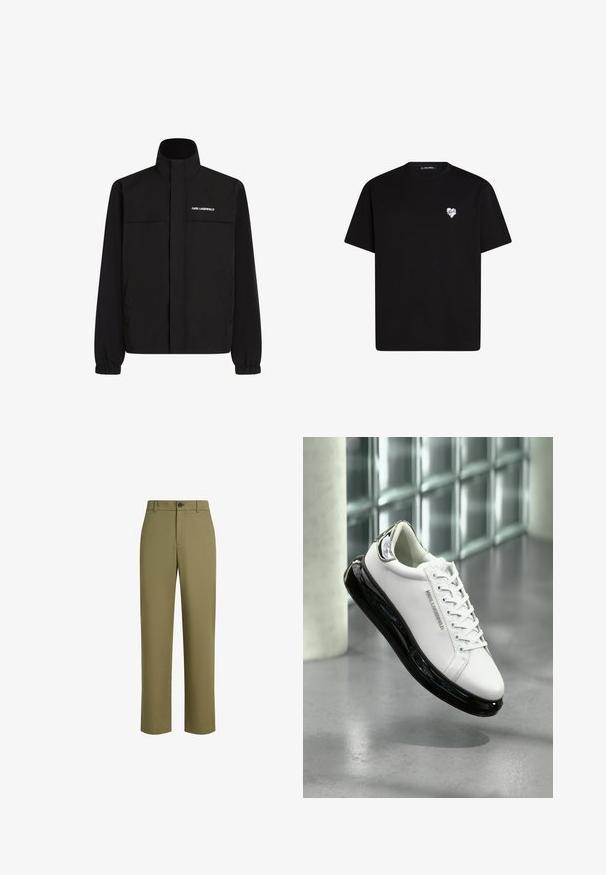 Crna jakna s visokim ovratnikom, elastičnim manžetama i dva prednja džepa. Sadrži logo na gornjoj lijevoj strani u bijeloj boji. Glatka, vodootporna tkanina.; Crna pamučna majica s kratkim rukavima, okruglim izrezom i malim bijelim grafičkim srcem na lijevoj strani prsnog dijela.; Maslinaste hlače od glatke tkanine, sa ravnim krojem, jednim dugmetom za zatvaranje i suptilnom teksturom.; Bijeli kožni tenesici s crnom gumiranom potplatom i prozirnim detaljima. Sadrže vezice i utisnuti logo, postavljeni na sivoj podlozi.