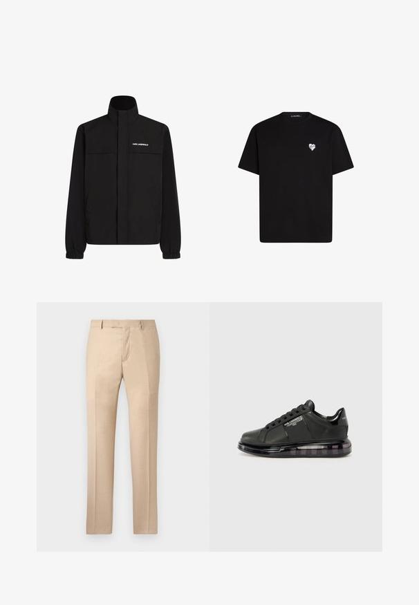 Črna jakna z visokim ovratnikom, elastičnimi rokavi in dvema sprednjima žepoma. Na zgornji levi strani je bel logotip. Gladka, vodoodporna tkanina.; Črna bombažna majica s kratkimi rokavi, okroglo izreza in majhnim belim srčkom natisnjenim na levem prsnem delu.; Bež hlače s krojem, z gladko teksturo, ravnim sprednjim delom in ravnimi nogavicami. Imajo zanke za pas in skrito zadrgo.; Črne snežne čevlje z gladkim usnjenim zgornjim delom, zaobljenim toeom in vezalnim dizajnom. Imajo prozoren, oblazinjen podplat z temnim gradijentom.