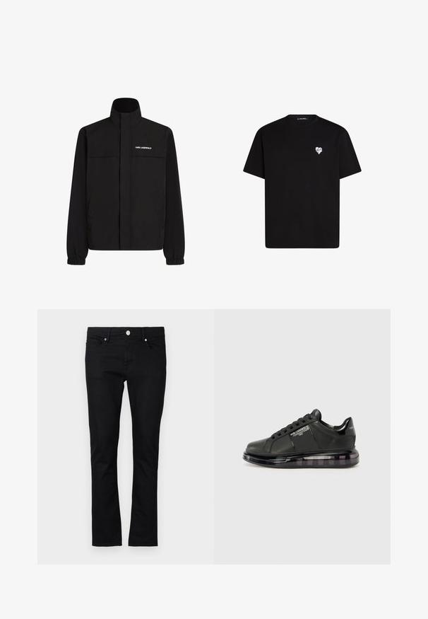 Fekete dzseki magas gallérral, elasztikus mandzsettákkal és két elülső zsebbel. Fehér logó található a bal felső oldalon. Simább, vízálló anyag.; Fekete pamut póló rövid ujjú, kerek nyakkivágással és egy kis fehér szív grafikával a bal mellkas részen.; Fekete farmernadrág, slim fit szabással, egyenes lábbal, öt zsebes stílussal és fémből készült gombos zárással, minimális varrással.; Fekete sportcipő sima bőr felsőrésszel, kerek orral és fűzős dizájnnal. Átlátszó, párnázott talppal rendelkezik, sötét árnyalatú átmenettel.
