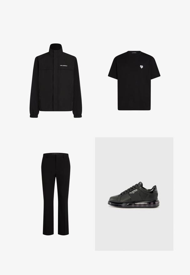 Svart jacka med hög krage, elastiska muddar och två framfickor. Har logotyp på övre vänstra sidan i vitt. Slät, vattenavvisande tyg.; Svart bomullströja med korta ärmar, rund halsringning och en liten vit hjärtgrafik på vänster bröstområde.; Svarta skräddarsydda byxor i slätt material, med rak benmodell, bälteshällor och framfickor för ökad funktionalitet.; Svart sneaker med slät läderöverdel, rund tå och snörningsdesign. Har en klar, vadderad sula med en mörk gradient.
