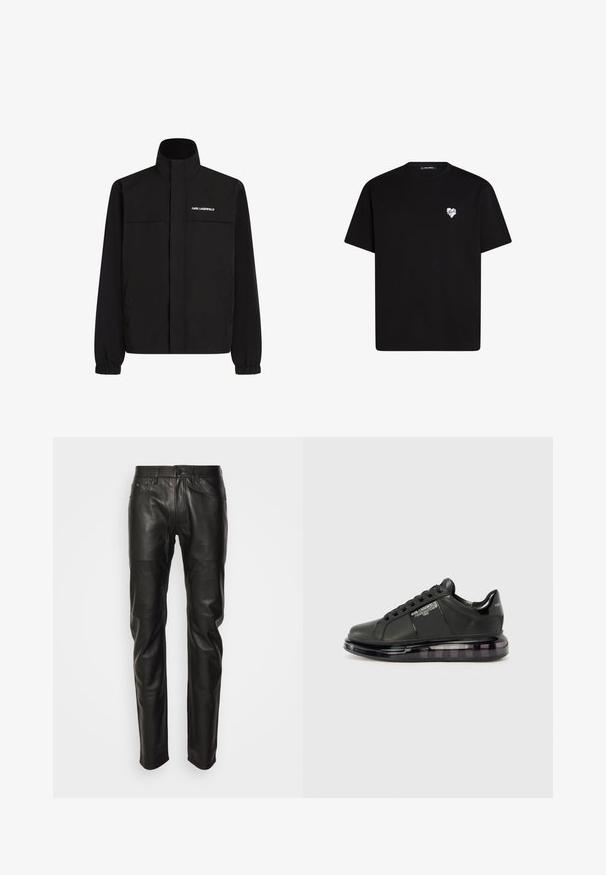 Črna jakna z visokim ovratnikom, elastičnimi rokavi in dvema sprednjima žepoma. Na zgornji levi strani je bel logotip. Gladka, vodoodporna tkanina.; Črna bombažna majica s kratkimi rokavi, okroglo izreza in majhnim belim srčkom natisnjenim na levem prsnem delu.; KARL LAGERFELD PANTS - Usnjene hlače - black; Črne snežne čevlje z gladkim usnjenim zgornjim delom, zaobljenim toeom in vezalnim dizajnom. Imajo prozoren, oblazinjen podplat z temnim gradijentom.