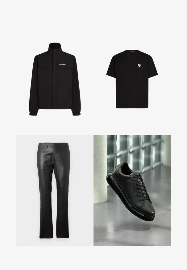 Zwarte jas met hoge kraag, elastische manchetten en twee voorzakken. Kenmerkt een logo op de bovenste linkerzijde in het wit. Glad, waterafstotend materiaal.; Zwarte katoenen t-shirt met korte mouwen, ronde halslijn en een kleine witte hartafbeelding op de linkerkant van de borst.; Zwarte leren broek met een slim fit, voorzien van een standaard vijf-pocket ontwerp, riemlussen en een knoopsluiting aan de voorkant. Gladde textuur, rechte pijpen.; Zwarte leren sneaker met vetersluitingen, voorzien van een comfortabele zool en reflecterende accenten. De schoen zweeft boven een glad oppervlak.