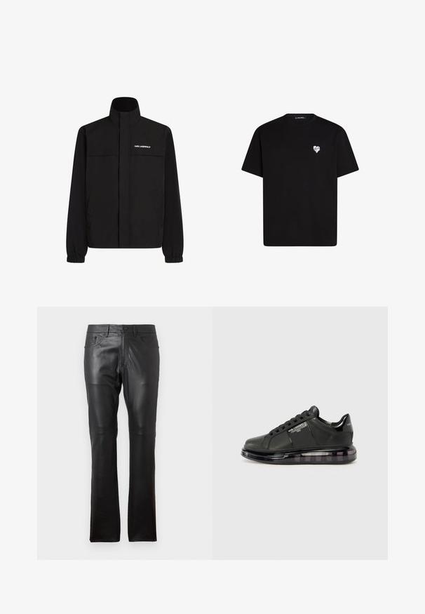 Schwarze Jacke mit hohem Kragen, elastischen Bündchen und zwei Fronttaschen. Mit Logo auf der oberen linken Seite in Weiß. Glattes, wasserabweisendes Material.; Schwarzes Baumwoll-T-Shirt mit kurzen Ärmeln, rundem Ausschnitt und einem kleinen weißen Herz-Design auf der linken Brustseite.; Schwarze Lederhose mit slim fit, ausgestattet mit einem klassischen Five-Pocket-Design, Gürtelschlaufen und einem Knopfverschluss vorne. Glatte Textur, gerade Beinform.; Schwarzer Sneaker mit glattem Lederobermaterial, rundem Zehenbereich und Schnürdesign. Ausgestattet mit einer klaren, gepolsterten Sohle mit einem dunklen Verlauf.