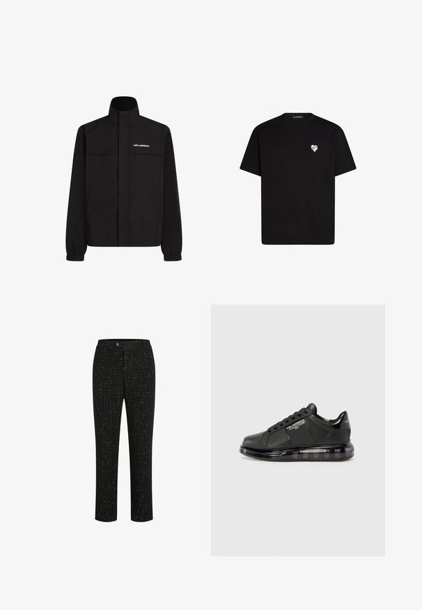 Črna jakna z visokim ovratnikom, elastičnimi rokavi in dvema sprednjima žepoma. Na zgornji levi strani je bel logotip. Gladka, vodoodporna tkanina.; Črna bombažna majica s kratkimi rokavi, okroglo izreza in majhnim belim srčkom natisnjenim na levem prsnem delu.; Črne krojene hlače z teksturiranim vzorcem tankih belih navpičnih črt, ravnega kroja in gumbnim zapiranjem v pasu.; Črne snežne čevlje z gladkim usnjenim zgornjim delom, zaobljenim toeom in vezalnim dizajnom. Imajo prozoren, oblazinjen podplat z temnim gradijentom.