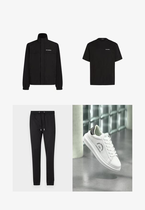 Fekete dzseki magas gallérral, elasztikus mandzsettákkal és két elülső zsebbel. Fehér logó található a bal felső oldalon. Simább, vízálló anyag.; Fekete pamut póló rövid ujjú, kerek nyakkivágással és fehér "Karl Lagerfeld" logóval a bal mellrészen. Egyszerű dizájn, normál szabás.; Fekete futónadrág puha anyagból, rugalmas derékpánttal, húzózsinórral, oldalsó zsebekkel és deréknál szűkített mandzsettákkal.; Fehér bőr sportcipő fekete sarok részletekkel, texturált anyaggal, lapos fűzőkkel és kiemelkedő logóval az oldalon. Lekerekített orr és párnázott talp.