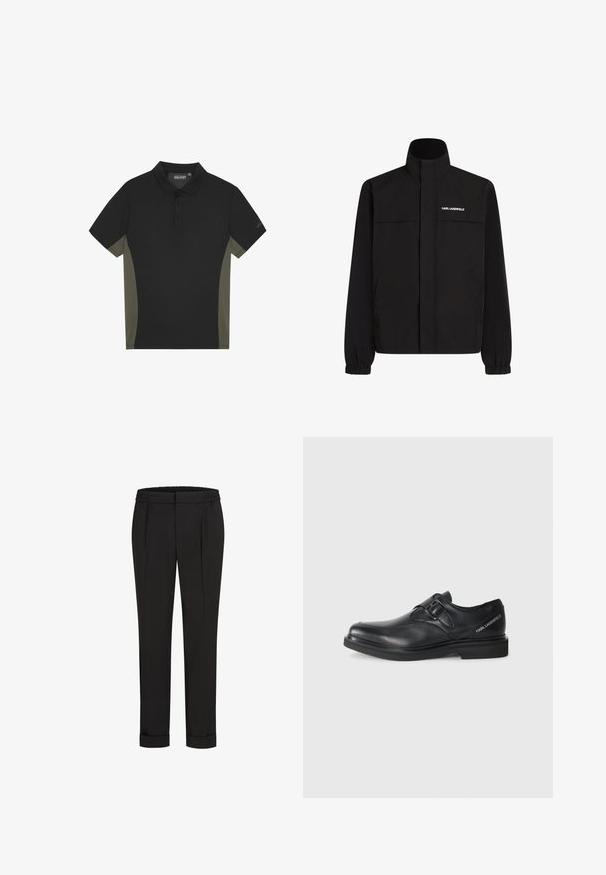 Chaqueta negra con cuello alto, puños elásticos y dos bolsillos frontales. Presenta un logo en el lado superior izquierdo en blanco. Tejido suave y resistente al agua.; Camisa polo negra con paneles laterales en verde oliva, mangas cortas, cierre de tres botones y logo de la marca en la manga. Textura de tela suave.; Pantalones negros con cintura elástica, con un diseño de pierna recta y dobladillos enrollados. Hechos de una tela suave y Woven sin patrones.; Zapato de cuero negro con punta redonda, detalle de hebilla simple y suela de goma plana. Presenta una marca en el lateral cerca del tacón.