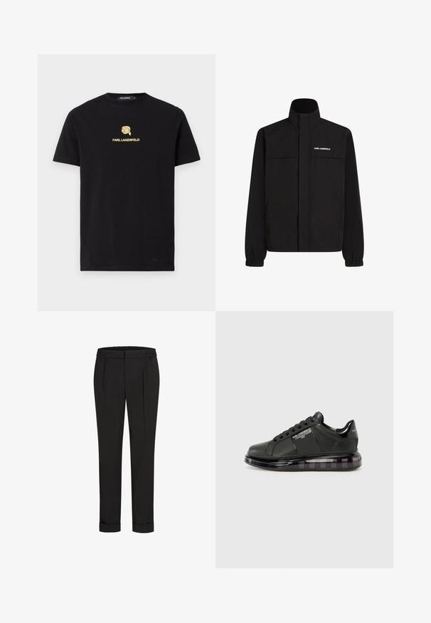 Melna jaka ar augstu apkakli, elastīgām aprocēm un divām priekšējām kabatām. Ieprintēts logo augšējā kreisajā pusē baltā krāsā. Gluda, ūdensizturīga auduma.; Melnas kokvilnas T-krekls ar apaļu kaklu, ar dzeltenu grafiku, kurā attēlots cilvēks ar saulesbrillēm un teksts "KARL LAGERFELD" zem dizaina.; Melni bikses ar elastīgu jostu, ar taisna piegriezuma dizainu un sarullētām piedurknēm. Izgatavotas no gluda, auduma bez rakstiem.; Melnas sporta kurpes ar gludu ādas virsu, noapaļotu purngalu un saistīšanas dizainu. Iezīmē skaidru, mīkstu zoli ar tumšu gradientu.