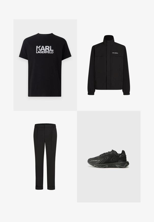 Črna jakna z visokim ovratnikom, elastičnimi rokavi in dvema sprednjima žepoma. Na zgornji levi strani je bel logotip. Gladka, vodoodporna tkanina.; Črna bombažna majica s kratkimi rokavi, ki na sprednji strani prikazuje velik srebrn napis "KARL LAGERFELD". Klasičen kroj z okroglim izrezom in kratkimi rokavi, preprosta zasnova.; Črne hlače z elastičnim pasom, s pravimi nogavicami in zavihanimi manšetami. Narejene so iz gladkega, tkanega materiala brez vzorcev.; Črni superge z valovito teksturo in sivimi detajli. Imajo dizajn z vezalkami in robusten, oblikovan podplat. Znamka je vidna na strani.