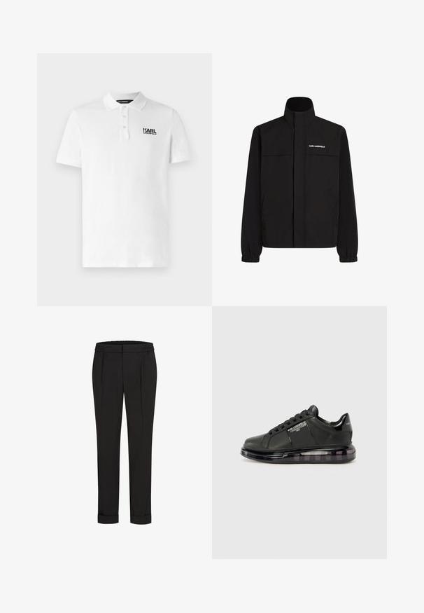 Chaqueta negra con cuello alto, puños elásticos y dos bolsillos frontales. Presenta un logo en el lado superior izquierdo en blanco. Tejido suave y resistente al agua.; Camisa polo blanca de algodón, con cuello clásico, mangas cortas y un logo negro en el lado izquierdo del pecho. Corte estándar.; Pantalones negros con cintura elástica, con un diseño de pierna recta y dobladillos enrollados. Hechos de una tela suave y Woven sin patrones.; Zapatilla negra con parte superior de cuero liso, puntera redondeada y diseño con cordones. Presenta una suela clara y acolchada con un degradado oscuro.