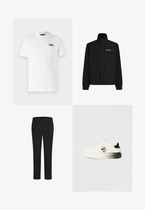 Čierna bunda s vysokým golierom, elastickými manžetami a dvoma prednými vreckami. Na hornej ľavej strane sa nachádza logo v bielej farbe. Hladká, vodeodolná tkanina.; Biely polo tričko vyrobené z bavlny, s klasickým golierom, krátkymi rukávmi a čiernym logom na ľavej hrudi. Štandardný strih.; Čierne nohavice s elastickým pásom, s rovnými nohavicami a prehnutými manžetami. Vyrobené z hladkej tkaniny bez vzorov.; Biele tenisky s hladkým koženým zvrškom, čiernymi akcentmi na päte a karikatúrovým logom. Majú hrubú, mierne priehľadnú podrážku.