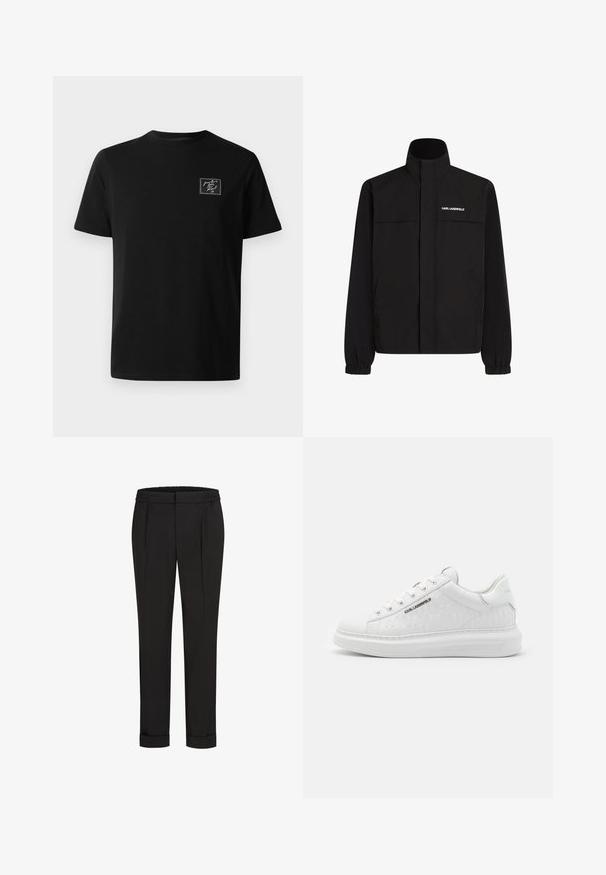 Mustan värvi jakk, millel on kõrge krae, elastsed mansetid ja kaks esikot. Ümber vasaku ülemise külje on valge logo. Sile, veekindel kangas.; Mustad lühikeste varrukatega ümar kaelusega T-särk mustas värvitoonis, millel vasakul rinnal on väike valge tikand "Pariisi armastus, Karl xx."; Mustad püksid elastse vöökohtaga, sirge jala kujundusega ja üles keeratud äärtega. Valmistatud siledast, kudumisega kangast, ilma mustriteta.; Valged sneakerid, mis on valmistatud siledast nahast ja millel on reljeefne muster. Omab ümmargust varvasekambrit, nööpide ja paeltega esiosa ning tekstuurset tallaosa. Külje peal on hõbedane logo detail.