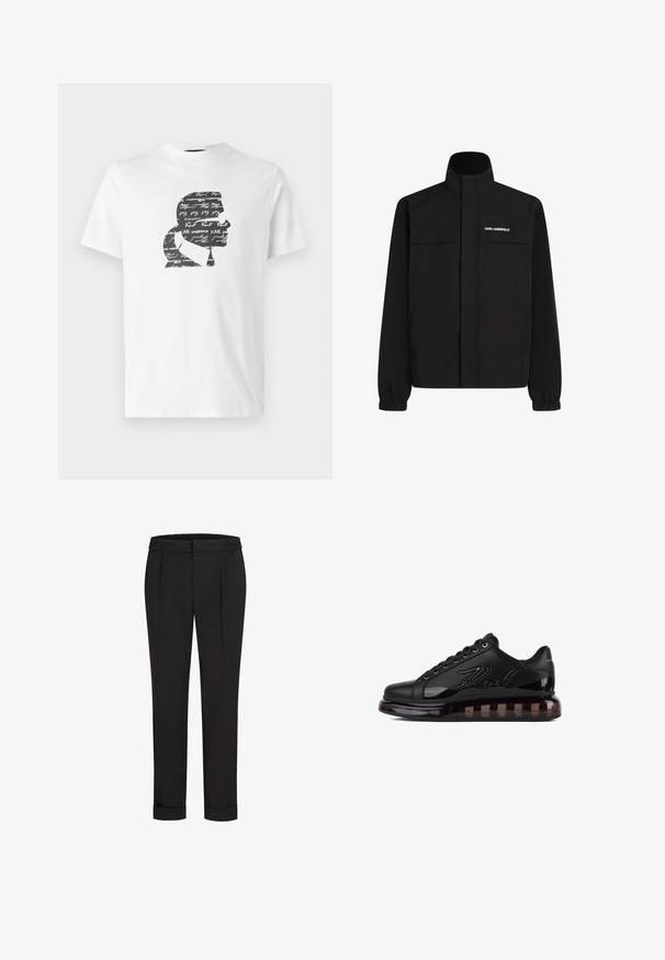 Černá bunda s vysokým límcem, elastickými manžetami a dvěma předními kapsami. Na levé horní straně se nachází bílé logo. Hladká, voděodolná tkanina.; Bílé bavlněné tričko s černou siluetou profilu, na kterém se překrývá text a podpisy, což vytváří vzorový efekt.; Černé kalhoty s elastickým pasem, s rovnými nohavicemi a ohrnutými lemy. Vyrobené z hladké tkaniny bez vzorů.; KARL LAGERFELD KAPRI KUSHION SIGNIA GLÄNZENDE SNEAKER - Tenisky - black