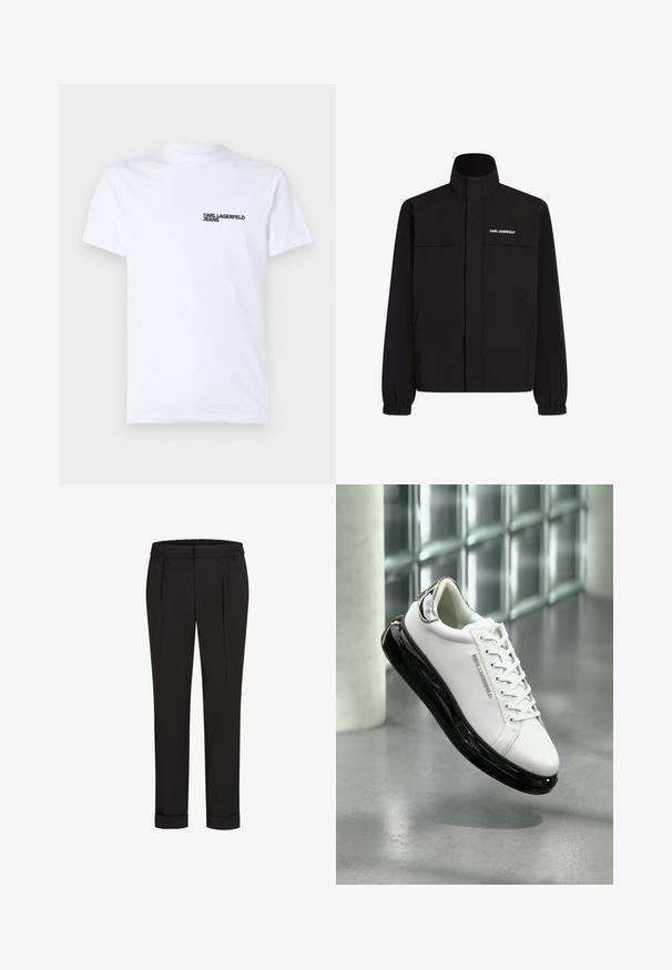 Čierna bunda s vysokým golierom, elastickými manžetami a dvoma prednými vreckami. Na hornej ľavej strane sa nachádza logo v bielej farbe. Hladká, vodeodolná tkanina.; Biela bavlnená tričko s krátkymi rukávmi, okrúhlym výstrihom a čiernym logom "KARL LAGERFELD JEANS" na ľavej strane hrude.; Čierne nohavice s elastickým pásom, s rovnými nohavicami a prehnutými manžetami. Vyrobené z hladkej tkaniny bez vzorov.; Biele kožené tenisky s čiernou gumovou podrážkou a priehľadnými detailmi. Obsahujú šnúrky a embosované logo, umiestnené na sivej podlahe.