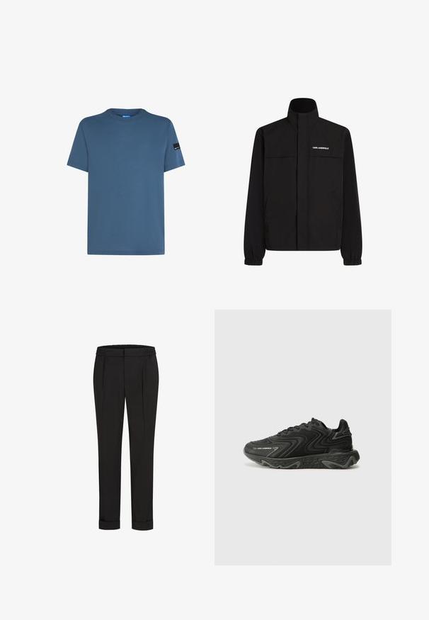 Černá bunda s vysokým límcem, elastickými manžetami a dvěma předními kapsami. Na levé horní straně se nachází bílé logo. Hladká, voděodolná tkanina.; Modré bavlněné tričko s kulatým výstřihem, krátkými rukávy a černou nášivkou na levém rukávu. Hladká textura a volný střih.; Černé kalhoty s elastickým pasem, s rovnými nohavicemi a ohrnutými lemy. Vyrobené z hladké tkaniny bez vzorů.; Černé tenisky s vlnitou texturou a šedými akcenty. Mají šněrovací design a masivní, tvarovanou podrážku. Branding je viditelný na boku.