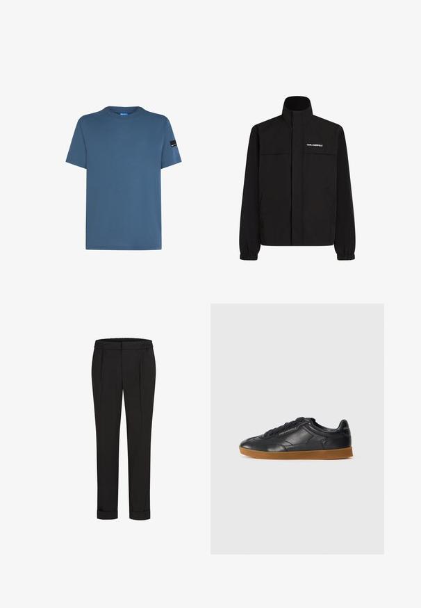 Čierna bunda s vysokým golierom, elastickými manžetami a dvoma prednými vreckami. Na hornej ľavej strane sa nachádza logo v bielej farbe. Hladká, vodeodolná tkanina.; Modrá bavlnená tričká s okrúhlym výstrihom, krátkymi rukávmi a čiernym logom na ľavom rukáve. Hladký materiál a voľný strih.; Čierne nohavice s elastickým pásom, s rovnými nohavicami a prehnutými manžetami. Vyrobené z hladkej tkaniny bez vzorov.; Čierne kožené tenisky s guľatou špičkou, šnurovaním vpredu a kontrastnou gumenou podrážkou. Obsahujú embosované logo na boku a na zadnej strane.