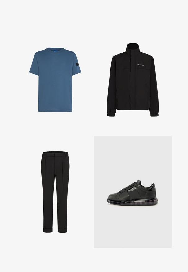 Melna jaka ar augstu apkakli, elastīgām aprocēm un divām priekšējām kabatām. Ieprintēts logo augšējā kreisajā pusē baltā krāsā. Gluda, ūdensizturīga auduma.; Zila kokvilnas t-krekls ar apaļu izgriezumu, īsām piedurknēm un melnu logotipa uzlīmi uz kreisās piedurknes. Gluda tekstūra un brīva piegriezuma stils.; Melni bikses ar elastīgu jostu, ar taisna piegriezuma dizainu un sarullētām piedurknēm. Izgatavotas no gluda, auduma bez rakstiem.; Melnas sporta kurpes ar gludu ādas virsu, noapaļotu purngalu un saistīšanas dizainu. Iezīmē skaidru, mīkstu zoli ar tumšu gradientu.
