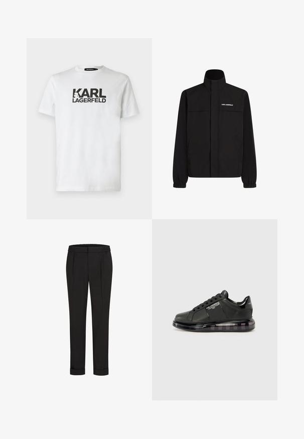 Melna jaka ar augstu apkakli, elastīgām aprocēm un divām priekšējām kabatām. Ieprintēts logo augšējā kreisajā pusē baltā krāsā. Gluda, ūdensizturīga auduma.; Balts kokvilnas T-krekls ar lielu melnu "KARL LAGERFELD" logotipu, kas drukāts priekšpusē, apaļu kakla izgriezumu un īsām piedurknēm. Vienkāršs dizains.; Melni bikses ar elastīgu jostu, ar taisna piegriezuma dizainu un sarullētām piedurknēm. Izgatavotas no gluda, auduma bez rakstiem.; Melnas sporta kurpes ar gludu ādas virsu, noapaļotu purngalu un saistīšanas dizainu. Iezīmē skaidru, mīkstu zoli ar tumšu gradientu.