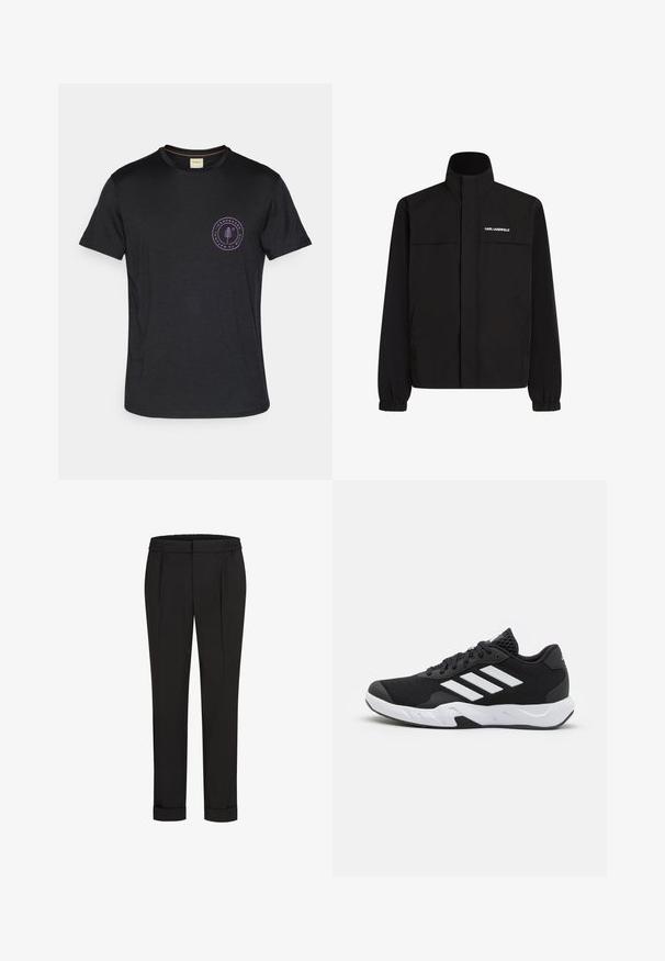 Melna jaka ar augstu apkakli, elastīgām aprocēm un divām priekšējām kabatām. Ieprintēts logo augšējā kreisajā pusē baltā krāsā. Gluda, ūdensizturīga auduma.; Melns īsām piedurknēm T-krekls, izgatavots no mīksta auduma, ar apļveida purpura logo, kurā attēlota koka dizains kreisajā krūšu apgabalā.; Melni bikses ar elastīgu jostu, ar taisna piegriezuma dizainu un sarullētām piedurknēm. Izgatavotas no gluda, auduma bez rakstiem.; Melnas sporta kurpes ar teksturētu acu augšdaļu, baltām akcentu svītrām, mīkstu zoli un pastiprinātu papēdi atbalstam.