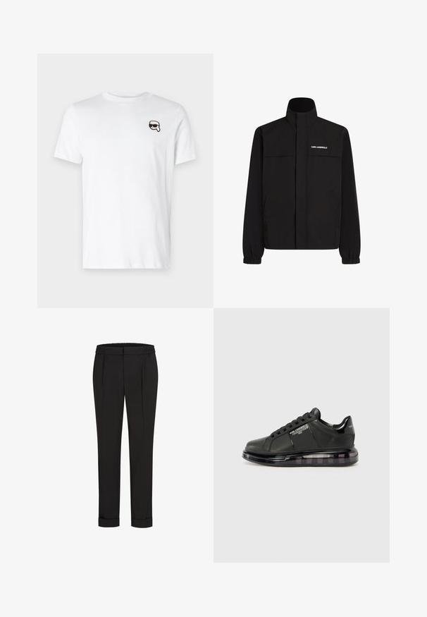 Črna jakna z visokim ovratnikom, elastičnimi rokavi in dvema sprednjima žepoma. Na zgornji levi strani je bel logotip. Gladka, vodoodporna tkanina.; Bela bombažna majica s majhnim črno-belih grafičnim motivom na levem prsnem delu. Klasičen okrogel izrez in kratki rokavi.; Črne hlače z elastičnim pasom, s pravimi nogavicami in zavihanimi manšetami. Narejene so iz gladkega, tkanega materiala brez vzorcev.; Črne snežne čevlje z gladkim usnjenim zgornjim delom, zaobljenim toeom in vezalnim dizajnom. Imajo prozoren, oblazinjen podplat z temnim gradijentom.