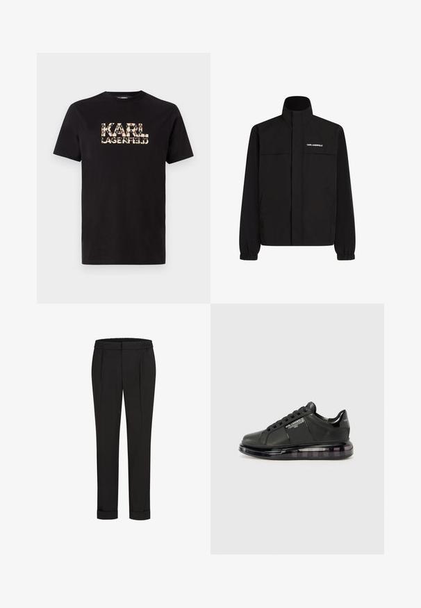 Juodas švarkas su aukštu apykakle, elastingais rankogaliais ir dviem priekinėmis kišenėmis. Viršutinėje kairėje pusėje yra baltas logotipas. Lygus, vandeniui atsparus audinys.; Juodas medvilnės marškinėlis su tekstūruota daugiapalvę "KARL LAGERFELD" grafika priekyje, apvaliu iškirptė ir trumpomis rankovėmis.; Juodi kelnių su elastinga juosmena, tiesaus kirpimo ir sukurtomis rankovėmis. Pagaminti iš lygaus, audinio be raštų.; Juodi sportiniai bateliai su lygiu odiniu apdailu, suapvalintu nosiu ir raištelių dizainu. Ypatybės apima skaidrų, paminkštintą pado su tamsiu gradientu.