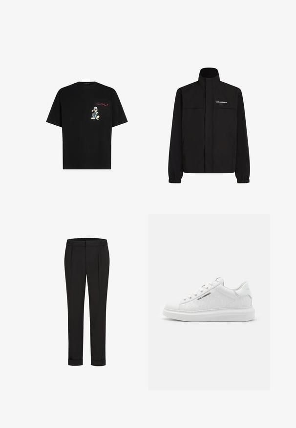 Juodas švarkas su aukštu apykakle, elastingais rankogaliais ir dviem priekinėmis kišenėmis. Viršutinėje kairėje pusėje yra baltas logotipas. Lygus, vandeniui atsparus audinys.; KARL LAGERFELD DISNEY POCKET - Marškinėliai su spaudiniu - black; Juodi kelnių su elastinga juosmena, tiesaus kirpimo ir sukurtomis rankovėmis. Pagaminti iš lygaus, audinio be raštų.; Balti sportiniai bateliai, pagaminti iš lygaus odos su įspaustu raštu. Turintys apvalų kojų pirštą, raištelys priekyje ir tekstūruotas padas. Sidabro spalvos logotipas šone.