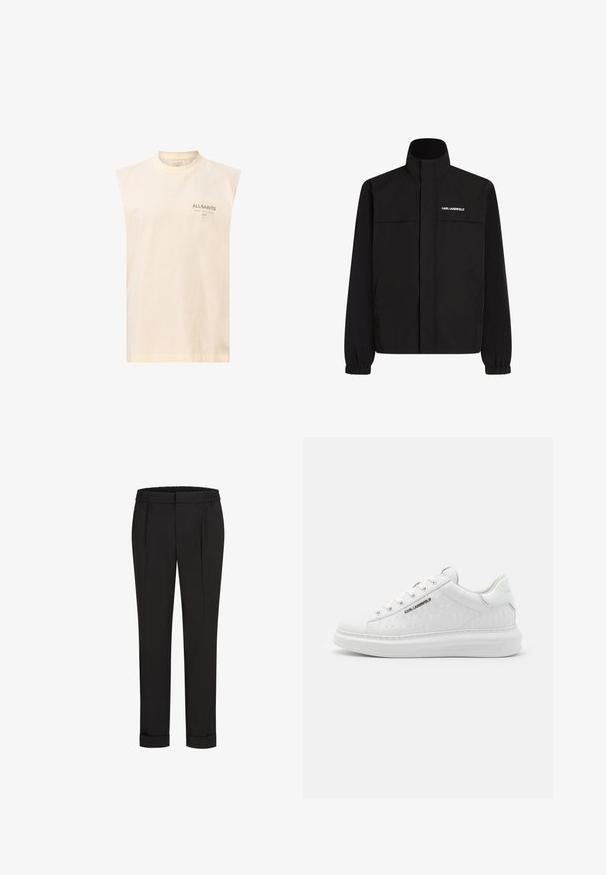Jachetă neagră cu guler înalt, manșete elastice și două buzunare frontale. Prezintă un logo pe partea stângă sus, de culoare albă. Material neted, rezistent la apă.; Top din bumbac crem, fără mâneci, cu guler rotund. Prezintă un imprimeu subtil cu un logo verde închis în zona stângă a pieptului. Textură netedă.; Pantaloni negri cu talie elastică, având un design cu picioare drepte și manșete suflecate. Realizați dintr-un material neted, țesut, fără modele.; Tenis albi din piele netedă cu un model debossat. Are vârful rotund, șireturi în față și talpă texturată. Detaliu logo argintiu pe lateral.