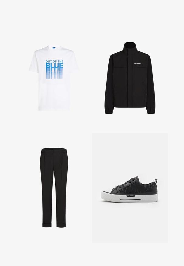 Juodas švarkas su aukštu apykakle, elastingais rankogaliais ir dviem priekinėmis kišenėmis. Viršutinėje kairėje pusėje yra baltas logotipas. Lygus, vandeniui atsparus audinys.; Balta medvilnė marškinėliai su mėlynu grafinė spausdinimu ir tekstu "IŠ MĖLYNOS" bei vertikaliomis linijomis. Apvalus iškirpimas, trumpomis rankovėmis.; Juodi kelnių su elastinga juosmena, tiesaus kirpimo ir sukurtomis rankovėmis. Pagaminti iš lygaus, audinio be raštų.; Juodas žemas sportinis batelis su raštuota kanapių viršumi, baltu guminiu nosies dangteliu, tekstūruotu padu ir logotipo akcentu šone. Metaliniai aklai raištams.