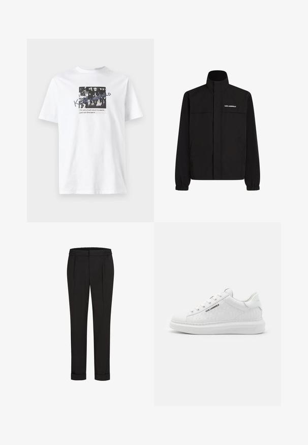 Chaqueta negra con cuello alto, puños elásticos y dos bolsillos frontales. Presenta un logo en el lado superior izquierdo en blanco. Tejido suave y resistente al agua.; Camiseta de algodón blanca con un diseño gráfico en blanco y negro que incluye texto. Manga corta y escote de tipo crew.; Pantalones negros con cintura elástica, con un diseño de pierna recta y dobladillos enrollados. Hechos de una tela suave y Woven sin patrones.; Zapatilla blanca hecha de cuero suave con un patrón en relieve. Presenta punta redonda, cordones en la parte frontal y suela texturizada. Detalle del logo en plata en el lateral.