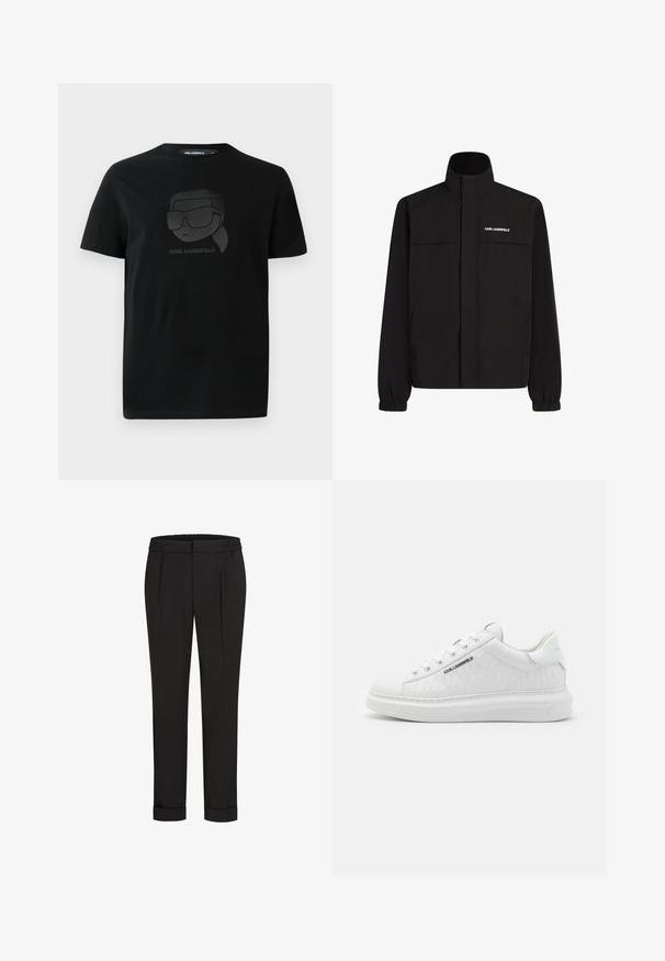 Mustan värvi jakk, millel on kõrge krae, elastsed mansetid ja kaks esikot. Ümber vasaku ülemise külje on valge logo. Sile, veekindel kangas.; Must musta T-särk, millel on mati musta graafika kujutis prillide ja all oleva tekstiga "KARL LAGERFELD". Tavaline lõige, lühikesed varrukad.; Mustad püksid elastse vöökohtaga, sirge jala kujundusega ja üles keeratud äärtega. Valmistatud siledast, kudumisega kangast, ilma mustriteta.; Valged sneakerid, mis on valmistatud siledast nahast ja millel on reljeefne muster. Omab ümmargust varvasekambrit, nööpide ja paeltega esiosa ning tekstuurset tallaosa. Külje peal on hõbedane logo detail.
