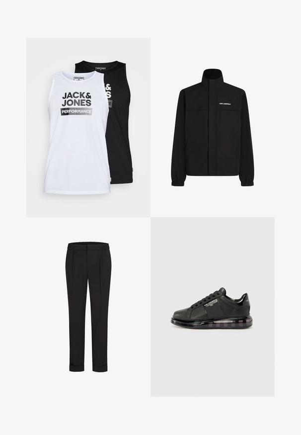 Melna jaka ar augstu apkakli, elastīgām aprocēm un divām priekšējām kabatām. Ieprintēts logo augšējā kreisajā pusē baltā krāsā. Gluda, ūdensizturīga auduma.; Divu bez piedurknēm topu komplekts baltā un melnā krāsā. Audums ir gluds kokvilnas. Priekšpusē ir uzraksts "JACK & JONES PERFORMANCE" treknā melnā burtu rakstā.; Melni bikses ar elastīgu jostu, ar taisna piegriezuma dizainu un sarullētām piedurknēm. Izgatavotas no gluda, auduma bez rakstiem.; Melnas sporta kurpes ar gludu ādas virsu, noapaļotu purngalu un saistīšanas dizainu. Iezīmē skaidru, mīkstu zoli ar tumšu gradientu.