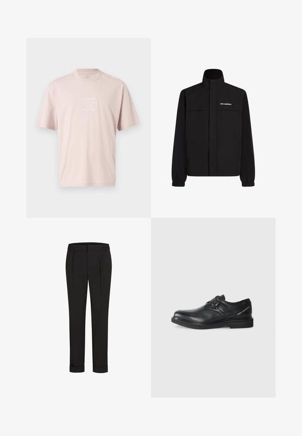 Černá bunda s vysokým límcem, elastickými manžetami a dvěma předními kapsami. Na levé horní straně se nachází bílé logo. Hladká, voděodolná tkanina.; Světle růžové tričko vyrobené z bavlny, s kulatým výstřihem a krátkými rukávy. Na přední straně se nachází bílé logo.; Černé kalhoty s elastickým pasem, s rovnými nohavicemi a ohrnutými lemy. Vyrobené z hladké tkaniny bez vzorů.; Černá kožená bota s kulatou špičkou, jedním sponkým detailem a plochou gumovou podrážkou. Na boku blízko paty je umístěno logo značky.