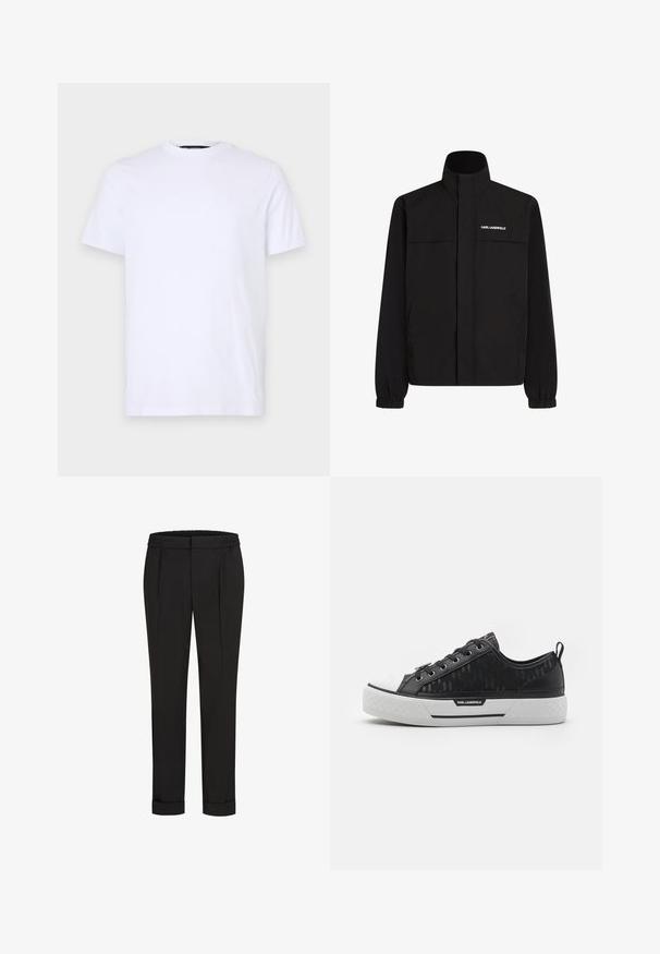Melna jaka ar augstu apkakli, elastīgām aprocēm un divām priekšējām kabatām. Ieprintēts logo augšējā kreisajā pusē baltā krāsā. Gluda, ūdensizturīga auduma.; Balts kokvilnas T-kreklis ar īsām piedurknēm, apaļu kakla izgriezumu, ar smalku reljefu logotipu kreisajā krūtī, gluda tekstūra.; Melni bikses ar elastīgu jostu, ar taisna piegriezuma dizainu un sarullētām piedurknēm. Izgatavotas no gluda, auduma bez rakstiem.; Melns zemas sporta apavi ar rakstainu kanvas augšdaļu, baltu gumijas pirkstu daļu, teksturētu zoli un logotipa akcentu sānos. Metāla acu caurumi šņorēm.