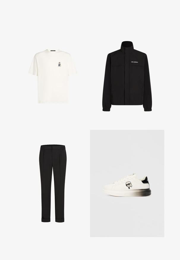 Črna jakna z visokim ovratnikom, elastičnimi rokavi in dvema sprednjima žepoma. Na zgornji levi strani je bel logotip. Gladka, vodoodporna tkanina.; Bela bombažna majica z majhnim barvnim motivom lika na levem prsnem delu. Okrogla izrezana in kratke rokave.; Črne hlače z elastičnim pasom, s pravimi nogavicami in zavihanimi manšetami. Narejene so iz gladkega, tkanega materiala brez vzorcev.; Bele teniske s gladkim usnjem, črnimi poudarki na peti in risanim logotipom. Imajo debel, rahlo prozoren podplat.
