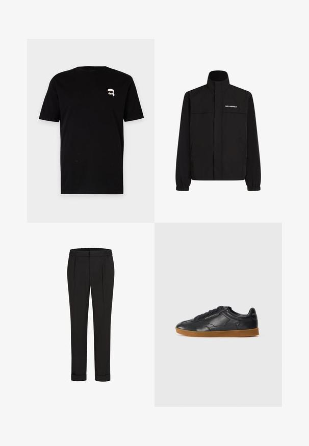 Černá bunda s vysokým límcem, elastickými manžetami a dvěma předními kapsami. Na levé horní straně se nachází bílé logo. Hladká, voděodolná tkanina.; Černé bavlněné tričko s krátkými rukávy, které na levém hrudníku má malou bílou grafiku postavy s brýlemi. Klasický design výstřihu do kulata.; Černé kalhoty s elastickým pasem, s rovnými nohavicemi a ohrnutými lemy. Vyrobené z hladké tkaniny bez vzorů.; Černé kožené tenisky s kulatou špičkou, šněrováním v přední části a kontrastní gumovou podrážkou. Na straně a vzadu je plastický branding.