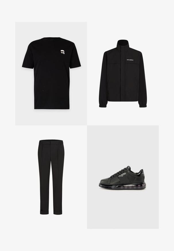 Melna jaka ar augstu apkakli, elastīgām aprocēm un divām priekšējām kabatām. Ieprintēts logo augšējā kreisajā pusē baltā krāsā. Gluda, ūdensizturīga auduma.; Melna kokvilnas t-kreklu ar īsām piedurknēm, kas rotāta ar mazu baltu grafiku ar tēlu, kuram ir brilles, kreisajā krūtī. Klasiska apaļā kakla dizains.; Melni bikses ar elastīgu jostu, ar taisna piegriezuma dizainu un sarullētām piedurknēm. Izgatavotas no gluda, auduma bez rakstiem.; Melnas sporta kurpes ar gludu ādas virsu, noapaļotu purngalu un saistīšanas dizainu. Iezīmē skaidru, mīkstu zoli ar tumšu gradientu.