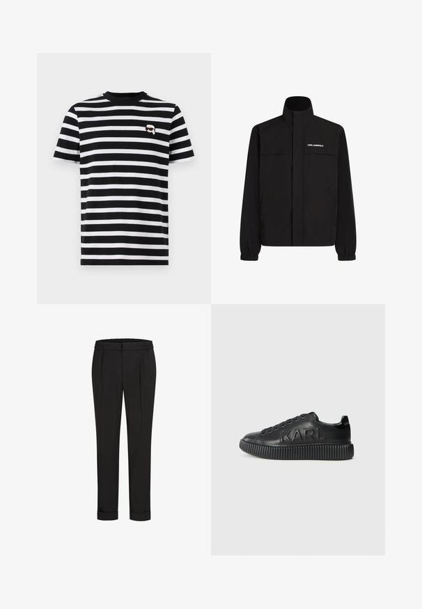 Melna jaka ar augstu apkakli, elastīgām aprocēm un divām priekšējām kabatām. Ieprintēts logo augšējā kreisajā pusē baltā krāsā. Gluda, ūdensizturīga auduma.; Melnbalts svītrains T-krekli ar īsām piedurknēm, apaļu kakla izgriezumu un nelielu grafisku akcentu uz krūtīm. Izgatavots no kokvilnas materiāla.; Melni bikses ar elastīgu jostu, ar taisna piegriezuma dizainu un sarullētām piedurknēm. Izgatavotas no gluda, auduma bez rakstiem.; Melnas kedas, izgatavotas no gludas ādas, ar biezām ribotām zolenēm un iepresētu preču zīmi. Klasisks auklu aizdare ar apaļām acīm.