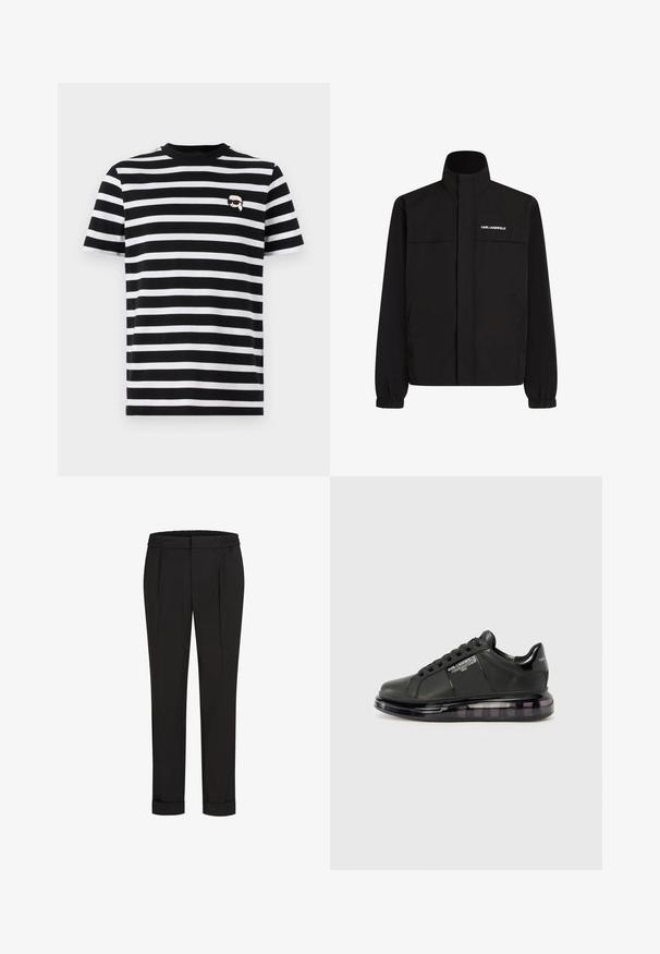 Mustan värvi jakk, millel on kõrge krae, elastsed mansetid ja kaks esikot. Ümber vasaku ülemise külje on valge logo. Sile, veekindel kangas.; Mustvalge triibuline T-särk lühikeste varrukatega, ümar kaelus ja väike graafiline detail rinnal. Puuvillane materjal.; Mustad püksid elastse vöökohtaga, sirge jala kujundusega ja üles keeratud äärtega. Valmistatud siledast, kudumisega kangast, ilma mustriteta.; Must mustad musta nahast ülemise osaga, ümarate varvaste ja paeltega disainiga. Omab läbipaistvat, pehmendatud tallat, millel on tume gradient.