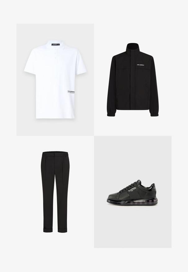 Schwarze Jacke mit hohem Kragen, elastischen Bündchen und zwei Fronttaschen. Mit Logo auf der oberen linken Seite in Weiß. Glattes, wasserabweisendes Material.; Weißes Polohemd aus Baumwolle. Mit klassischem Kragen, kurzen Ärmeln und einem kleinen schwarzen Logo auf der unteren rechten Seite. Vier Knopfverschluss.; Schwarze Hose mit Gummibund, gerade geschnitten und mit umgeschlagenen Säumen. Hergestellt aus glattem, gewebtem Stoff ohne Muster.; Schwarzer Sneaker mit glattem Lederobermaterial, rundem Zehenbereich und Schnürdesign. Ausgestattet mit einer klaren, gepolsterten Sohle mit einem dunklen Verlauf.