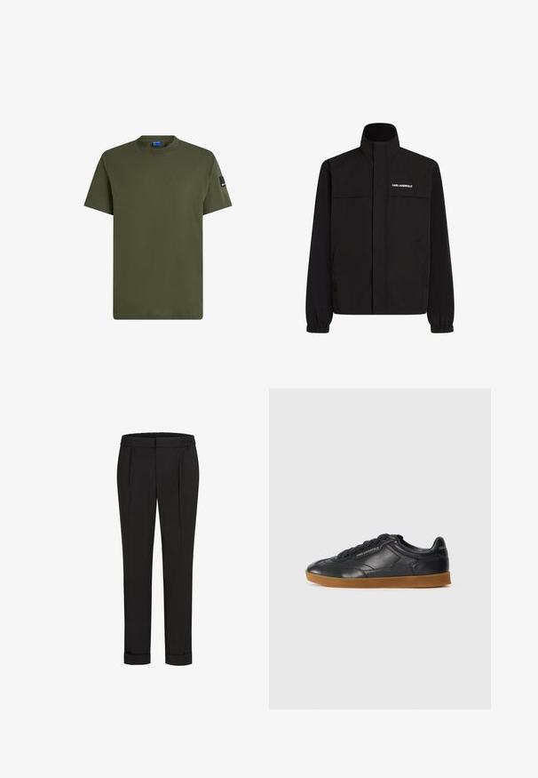 Czarna kurtka z wysokim kołnierzem, elastycznymi mankietami i dwiema przednimi kieszeniami. Posiada logo na górnej lewej stronie w białym kolorze. Gładki, wodoodporny materiał.; Oliwkowy t-shirt z krótkim rękawem wykonany z bawełny. Posiada okrągły dekolt oraz małą czarną metkę na lewym rękawie. Gładka tekstura.; Czarne spodnie z elastycznym pasem, charakteryzujące się prostym krojem nogawki i podwiniętymi mankietami. Wykonane z gładkiej, tkanej tkaniny bez wzorów.; Czarne skórzane sneakersy z okrągłym noskiem, sznurówką z przodu i kontrastującą gumową podeszwą. Posiadają wytłoczone logo z boku i z tyłu.