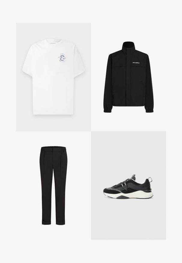 Mustan värvi jakk, millel on kõrge krae, elastsed mansetid ja kaks esikot. Ümber vasaku ülemise külje on valge logo. Sile, veekindel kangas.; Valge lühikeste varrukatega T-särk ümarat kaelusega, mille vasakul rinnal on väike sinine graafika tekstiga "Los Angeles CA 1981 Track & Field".; Mustad püksid elastse vöökohtaga, sirge jala kujundusega ja üles keeratud äärtega. Valmistatud siledast, kudumisega kangast, ilma mustriteta.; Musthave musta toss, mis on valmistatud suede ja võrkmaterjalide segust, paksu valge tallaga ja peegeldavate aktsentidega. Läbilöögiga disain, millel on tõmblukk.