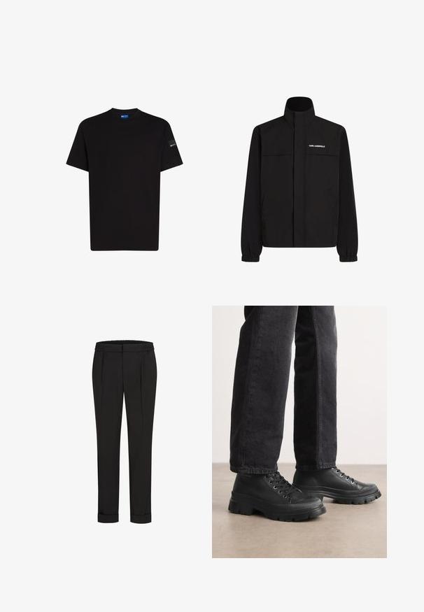 Črna jakna z visokim ovratnikom, elastičnimi rokavi in dvema sprednjima žepoma. Na zgornji levi strani je bel logotip. Gladka, vodoodporna tkanina.; Črna bombažna majica s kratkimi rokavi, okroglo izrezana in z majhnim označevalnim detajlom na levem rokavu. Gladka tekstura, standardna prileganje.; Črne hlače z elastičnim pasom, s pravimi nogavicami in zavihanimi manšetami. Narejene so iz gladkega, tkanega materiala brez vzorcev.; Črne vezalne superge z debelejšim, teksturiranim podplatom in gladko zgornjo površino. Imajo kovinske luknjice in rebrast dodatek okoli prstov.