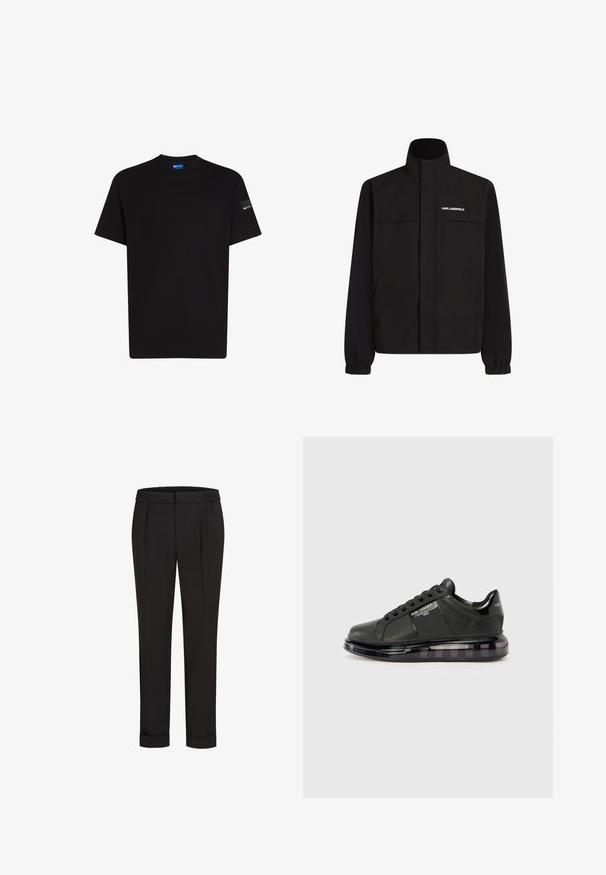 Črna jakna z visokim ovratnikom, elastičnimi rokavi in dvema sprednjima žepoma. Na zgornji levi strani je bel logotip. Gladka, vodoodporna tkanina.; Črna bombažna majica s kratkimi rokavi, okroglo izrezana in z majhnim označevalnim detajlom na levem rokavu. Gladka tekstura, standardna prileganje.; Črne hlače z elastičnim pasom, s pravimi nogavicami in zavihanimi manšetami. Narejene so iz gladkega, tkanega materiala brez vzorcev.; Črne snežne čevlje z gladkim usnjenim zgornjim delom, zaobljenim toeom in vezalnim dizajnom. Imajo prozoren, oblazinjen podplat z temnim gradijentom.