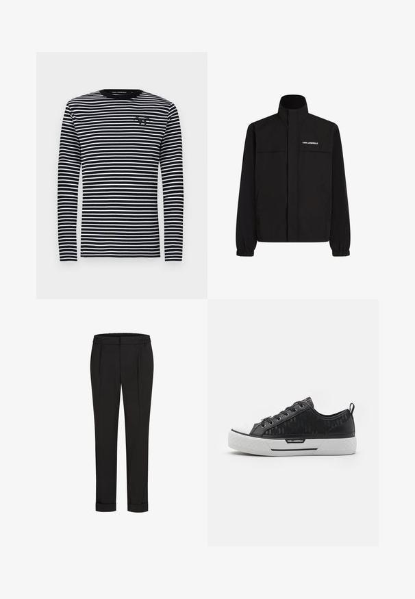 Schwarze Jacke mit hohem Kragen, elastischen Bündchen und zwei Fronttaschen. Mit Logo auf der oberen linken Seite in Weiß. Glattes, wasserabweisendes Material.; Langarmshirt, schwarz-weiße horizontale Streifen, runder Halsausschnitt, der Stoff hat eine glatte Textur und verfügt über ein kleines Logo auf der Brust.; Schwarze Hose mit Gummibund, gerade geschnitten und mit umgeschlagenen Säumen. Hergestellt aus glattem, gewebtem Stoff ohne Muster.; Schwarze Low-Top-Sneaker mit gemustertem Canvas-Obermaterial, weißer Gummikappe, strukturiertem Sohlenprofil und Logo-Akzent an der Seite. Metallösen für die Schnürsenkel.