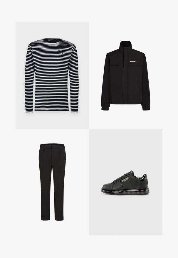 Juodas švarkas su aukštu apykakle, elastingais rankogaliais ir dviem priekinėmis kišenėmis. Viršutinėje kairėje pusėje yra baltas logotipas. Lygus, vandeniui atsparus audinys.; Ilga rankovė marškiniai, juodos ir baltos horizontalios juostelės, apvalus kaklas, medžiaga lygi, turi mažą logotipą krūtinėje.; Juodi kelnių su elastinga juosmena, tiesaus kirpimo ir sukurtomis rankovėmis. Pagaminti iš lygaus, audinio be raštų.; Juodi sportiniai bateliai su lygiu odiniu apdailu, suapvalintu nosiu ir raištelių dizainu. Ypatybės apima skaidrų, paminkštintą pado su tamsiu gradientu.