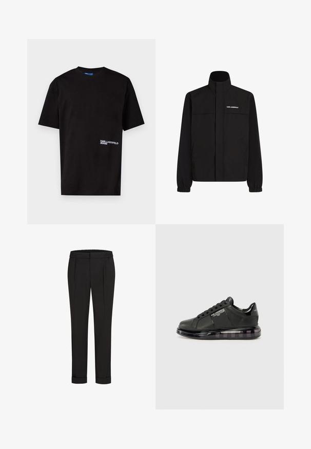 Melna jaka ar augstu apkakli, elastīgām aprocēm un divām priekšējām kabatām. Ieprintēts logo augšējā kreisajā pusē baltā krāsā. Gluda, ūdensizturīga auduma.; Melna kokvilnas T-kreklu ar īsām piedurknēm, apaļu kakla izgriezumu un balto izšūto "KARL LAGERFELD JEANS" logotipu kreisajā pusē tuvu apakšmalai.; Melni bikses ar elastīgu jostu, ar taisna piegriezuma dizainu un sarullētām piedurknēm. Izgatavotas no gluda, auduma bez rakstiem.; Melnas sporta kurpes ar gludu ādas virsu, noapaļotu purngalu un saistīšanas dizainu. Iezīmē skaidru, mīkstu zoli ar tumšu gradientu.