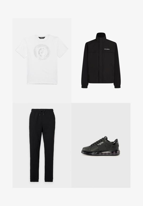 Mustan värvi jakk, millel on kõrge krae, elastsed mansetid ja kaks esikot. Ümber vasaku ülemise külje on valge logo. Sile, veekindel kangas.; Valge lühikeste varrukatega T-särk ümarate kraega, mille esiküljel on hõbedane ümmargune madu ja tähe "J" logo koos tekstiga "Just Cavalli".; Mustad puuvillased mustad spordipüksid elastse vöökoha ja reguleeritava nööriga; külgsuunas on taskud ning püksisääred on kitsendatud.; Must mustad musta nahast ülemise osaga, ümarate varvaste ja paeltega disainiga. Omab läbipaistvat, pehmendatud tallat, millel on tume gradient.