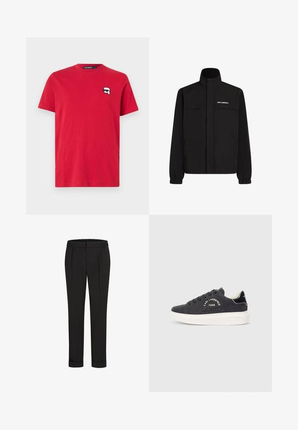 Melna jaka ar augstu apkakli, elastīgām aprocēm un divām priekšējām kabatām. Ieprintēts logo augšējā kreisajā pusē baltā krāsā. Gluda, ūdensizturīga auduma.; Sarkana kokvilnas T-krekls ar apaļu kakla izgriezumu, ar nelielu melnbaltu multfilmu sejas logotipu kreisajā krūtīs. Īsas piedurknes, regulāra piegriezuma.; Melni bikses ar elastīgu jostu, ar taisna piegriezuma dizainu un sarullētām piedurknēm. Izgatavotas no gluda, auduma bez rakstiem.; Tumši pelēki zamšādas sporta apavi ar baltām gumijām zālēm, dekorizēti ar šuvēm un ar logotipu uz sāniem. Gludi melni akcenti uz papēža.