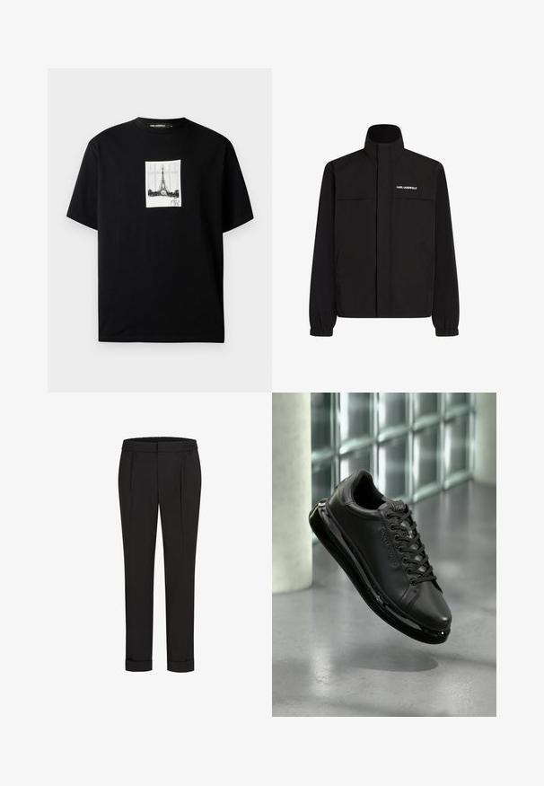 Juodas švarkas su aukštu apykakle, elastingais rankogaliais ir dviem priekinėmis kišenėmis. Viršutinėje kairėje pusėje yra baltas logotipas. Lygus, vandeniui atsparus audinys.; Juodas trumpas rankovės marškinėliai su centrinėje dalyje esančiu baltu stačiakampiu, kuriame pavaizduotas Eifelio bokštas ir parašas po juo.; Juodi kelnių su elastinga juosmena, tiesaus kirpimo ir sukurtomis rankovėmis. Pagaminti iš lygaus, audinio be raštų.; Juodas odinis sportbačiai su raišteliais, su paminkštintu padu ir atspindinčiais akcentais. Batas pakibęs virš lygaus paviršiaus.