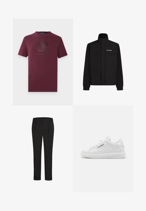 Černá bunda s vysokým límcem, elastickými manžetami a dvěma předními kapsami. Na levé horní straně se nachází bílé logo. Hladká, voděodolná tkanina.; Bordová krátkosložková tričko s kulatým výstřihem s jemným lesklým grafickým motivem osoby v brýlích a textem pod ním na předním středu.; Černé kalhoty s elastickým pasem, s rovnými nohavicemi a ohrnutými lemy. Vyrobené z hladké tkaniny bez vzorů.; Bílé tenisky vyrobené z hladké kůže s embosovaným vzorem. Mají kulatou špičku, šněrování vpředu a texturovanou podrážku. Stříbrný logo detail na boku.